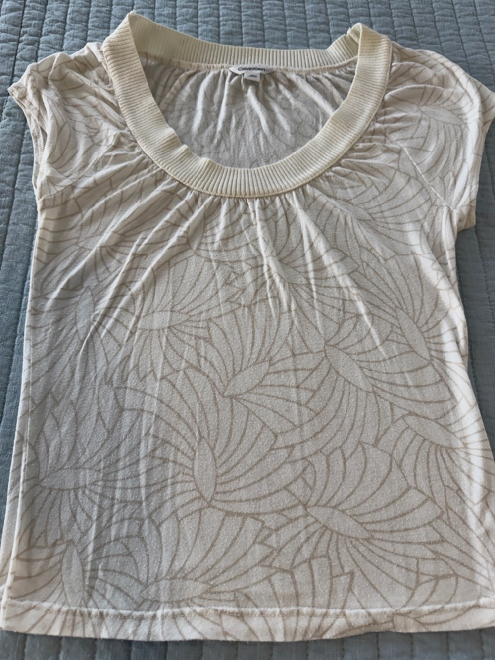 Calvin Klein Cream Short Sleeve Scoop Neck Top with Subtle Leaf Print